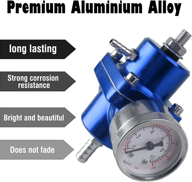 BARTOO Universal Adjustable Fuel Pressure Regulator Kit, Aluminum Fuel Regulator,Adjustable Gas Oil Injection Pressure Regulator with 0-140 PSI Gauge -Blue - Image 2